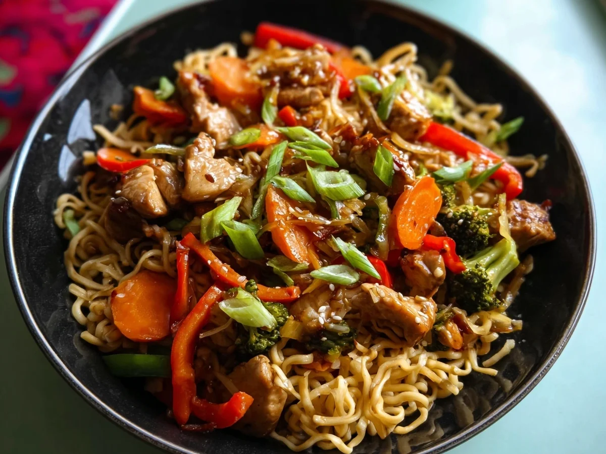 Asiatische Hähnchen-Gemüse-Pfanne mit Mie-Nudeln aus der Heißluftfritteuse - Bild 1
