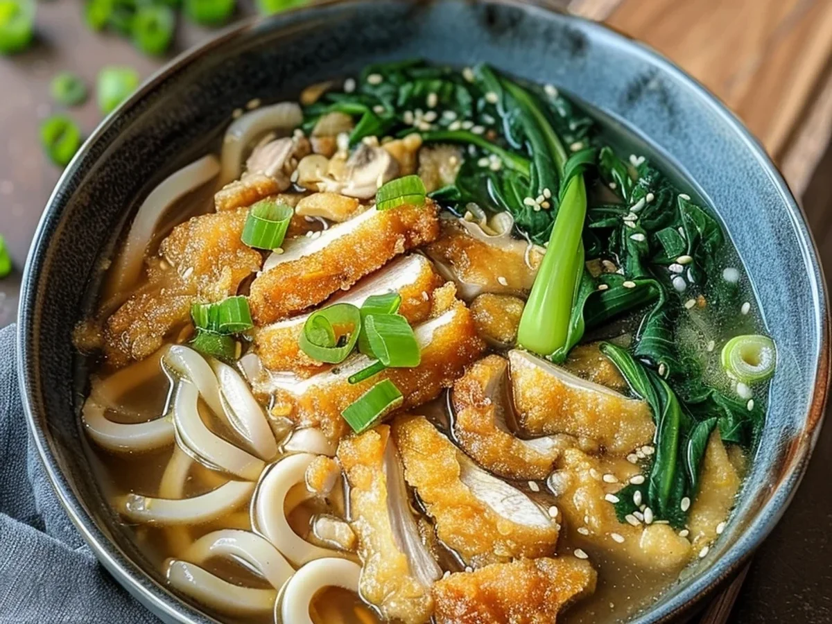 Asiatische Udon-Nudelsuppe mit krossem Hähnchen Rezept - Bild 1