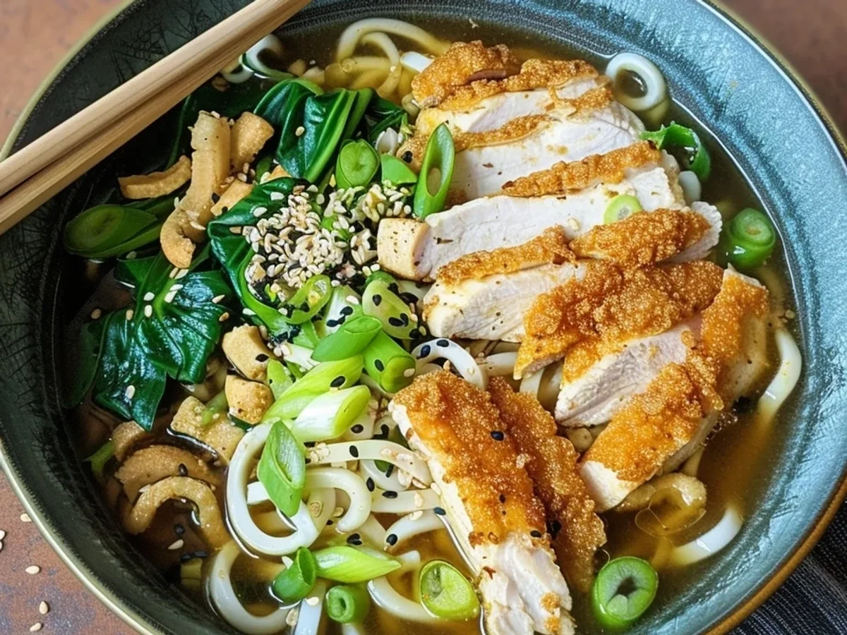 Asiatische Udon-Nudelsuppe mit krossem Hähnchen Rezept - Bild 2