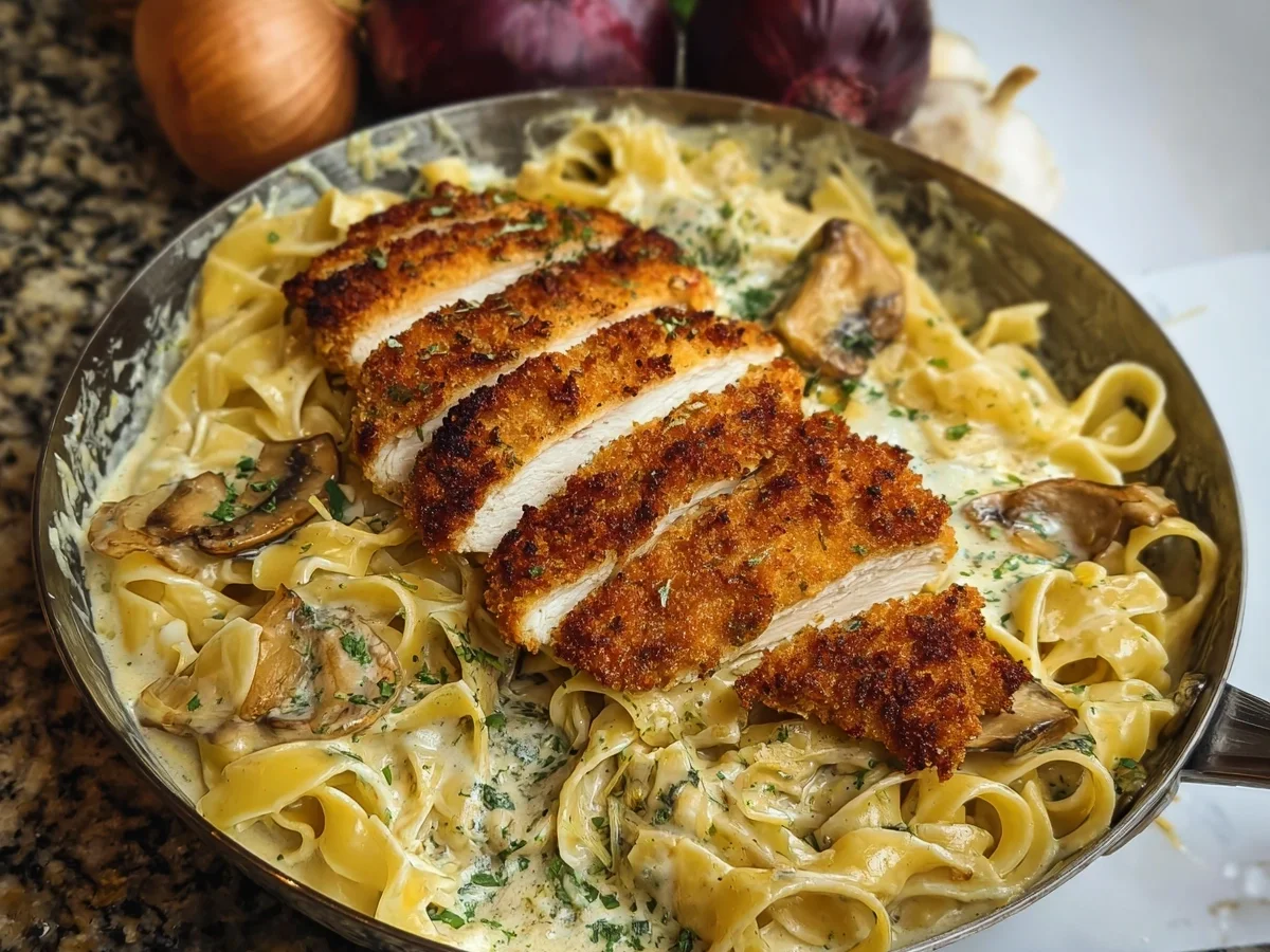 Cremige Alfredo Pasta mit knusprigem Hähnchenschnitzel - Bild 1
