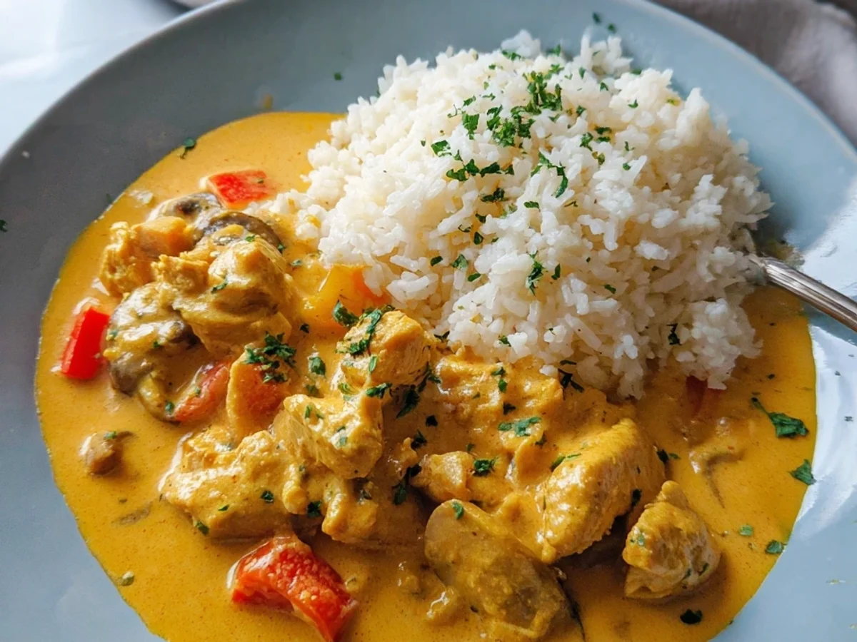 Cremiges Curry Geschnetzeltes mit Hähnchen & Reis - Bild 1