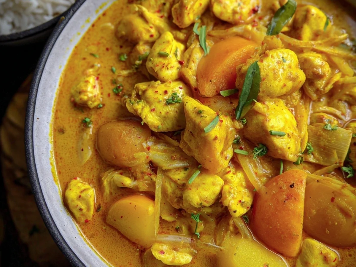 Fruchtiges Hähnchen Curry mit Pfirsich & Reis - Bild 1