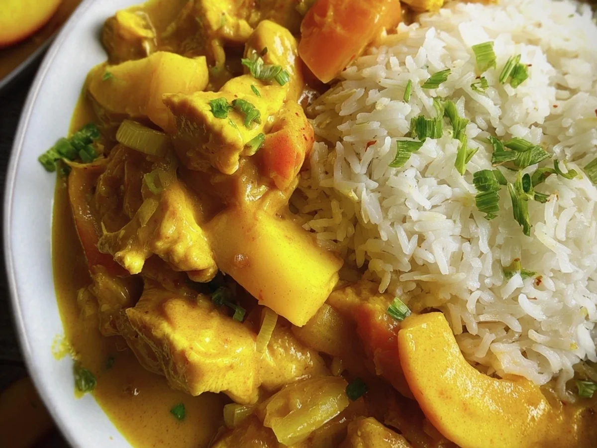 Fruchtiges Hähnchen Curry mit Pfirsich & Reis - Bild 2