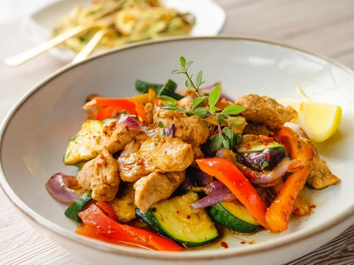 Gyros Geschnetzeltes Low Carb: Mediterranes Röstgemüse dazu - Bild 1