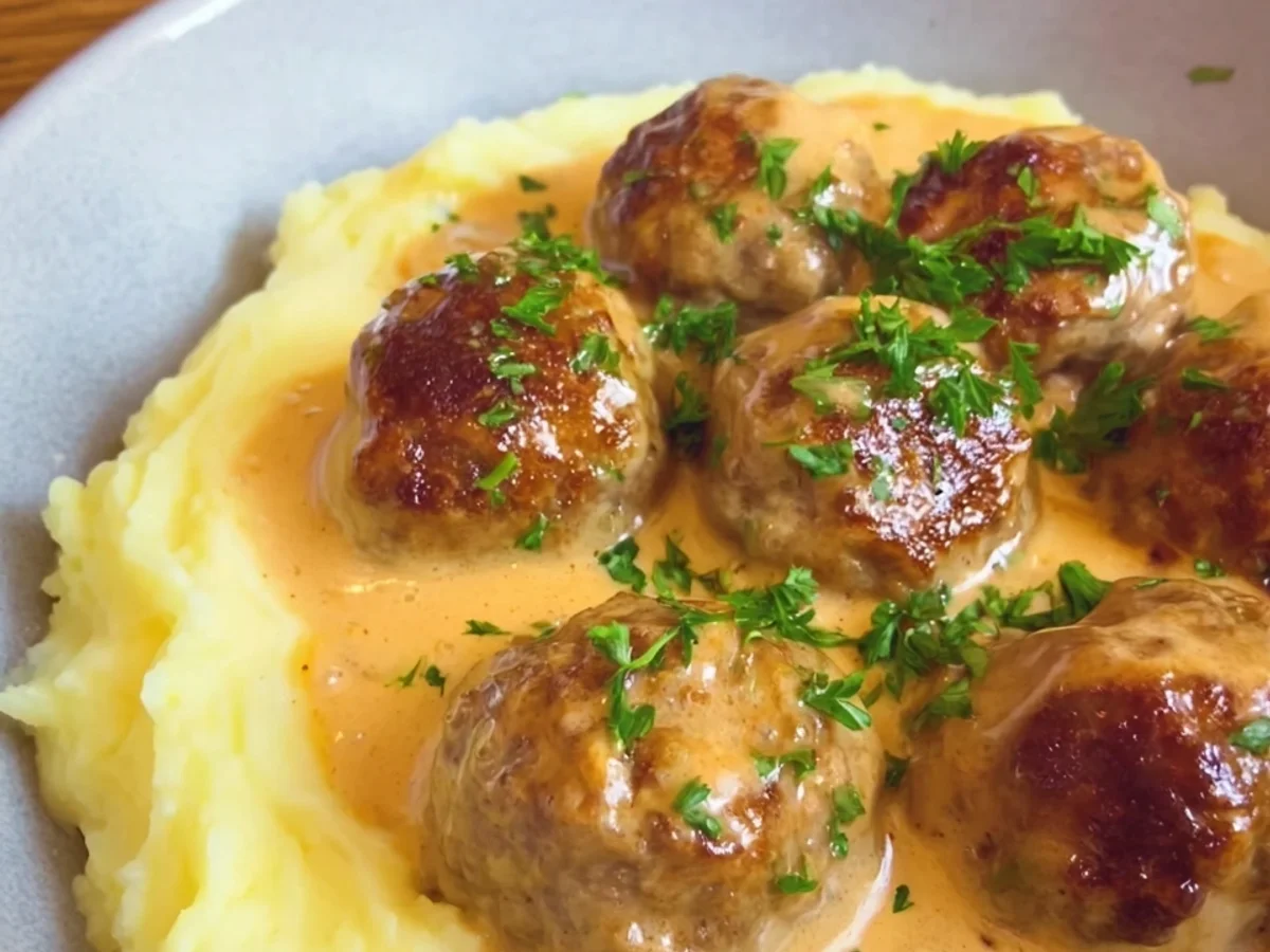 Herzhafte Hackbällchen in cremiger Sauce mit Kartoffelpüree - Bild 1