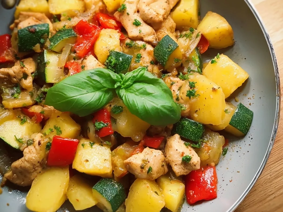Hähnchen-Kartoffel-Pfanne mit frischem Gemüse - Bild 1