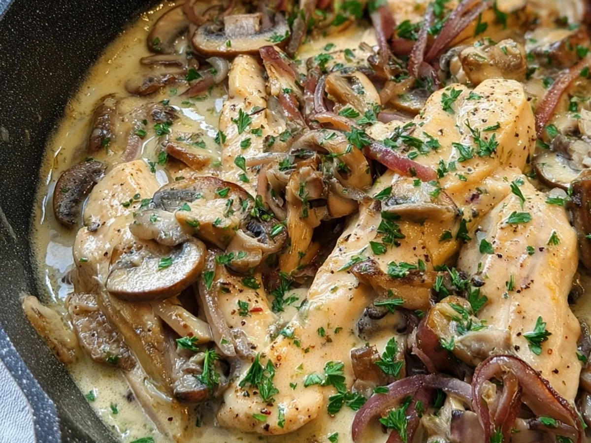 Hähnchengeschnetzeltes mit Champignons & Pfefferrahmsoße - Bild 1
