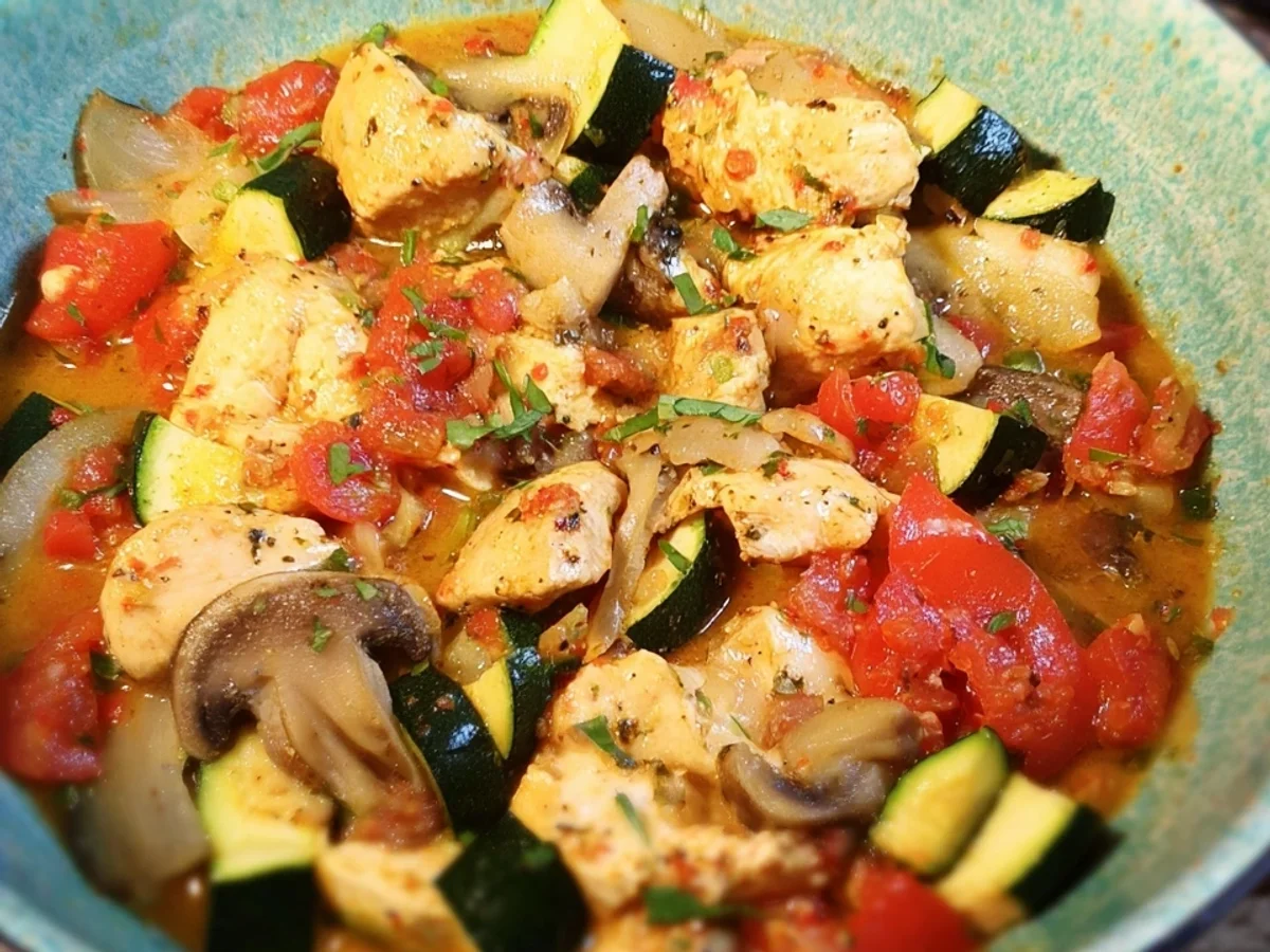 Low Carb Hähnchenpot: Tomaten, Zucchini & Champignons - Bild 1