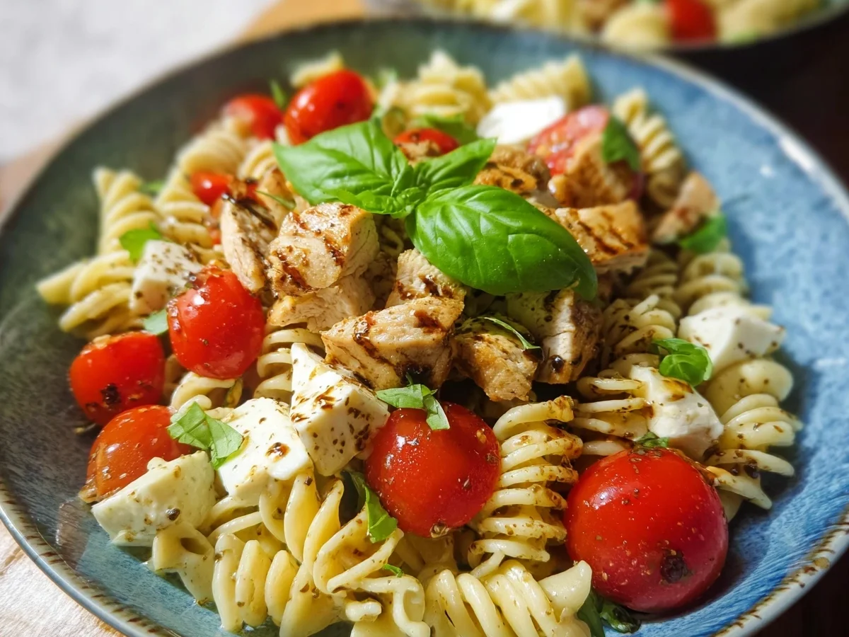 Nudelsalat Caprese mit Hähnchenbrustwürfeln - Bild 1