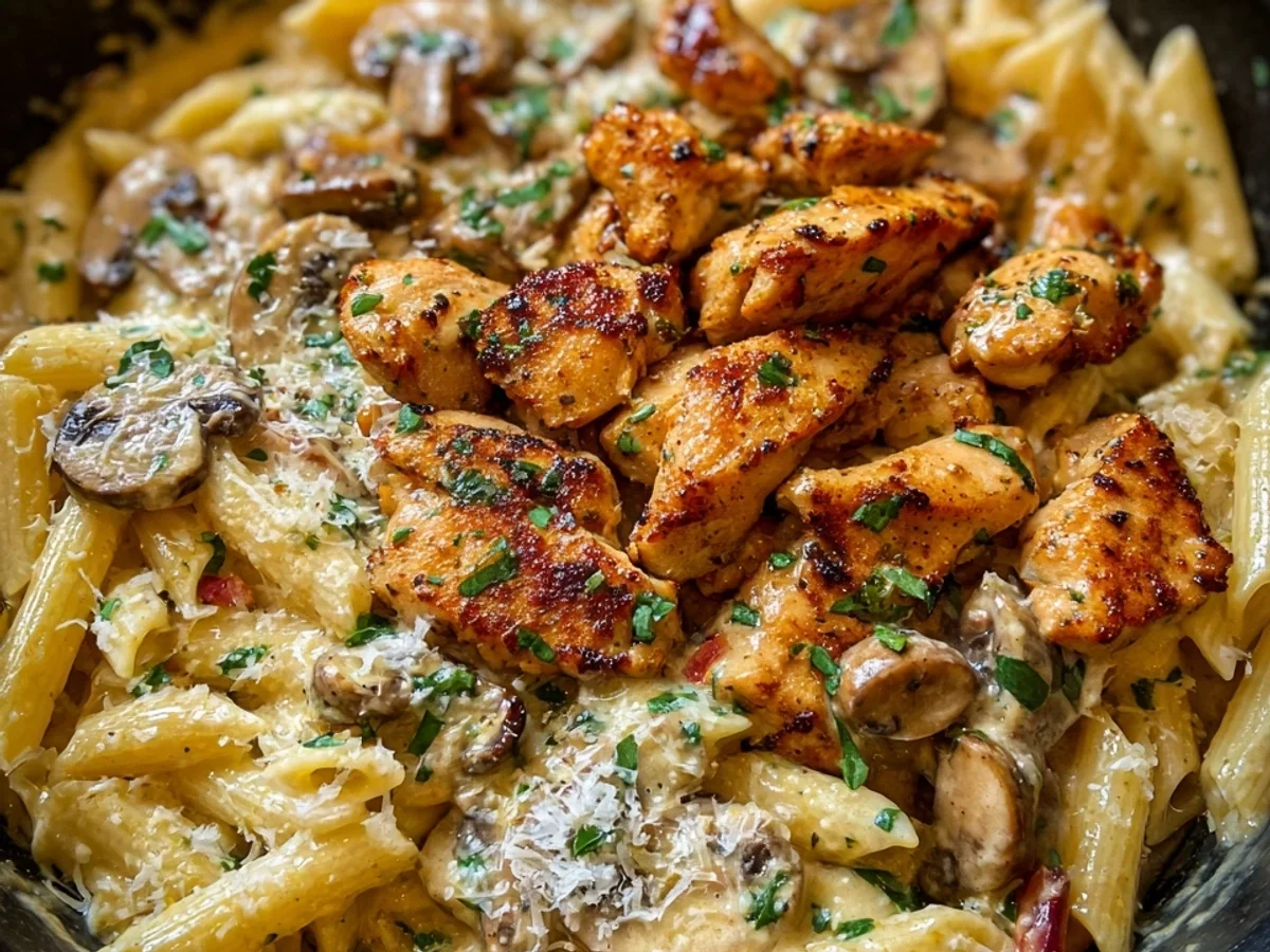 Pasta mit Parmesan Hähnchen in Champignon-Peperoni-Soße - Bild 1