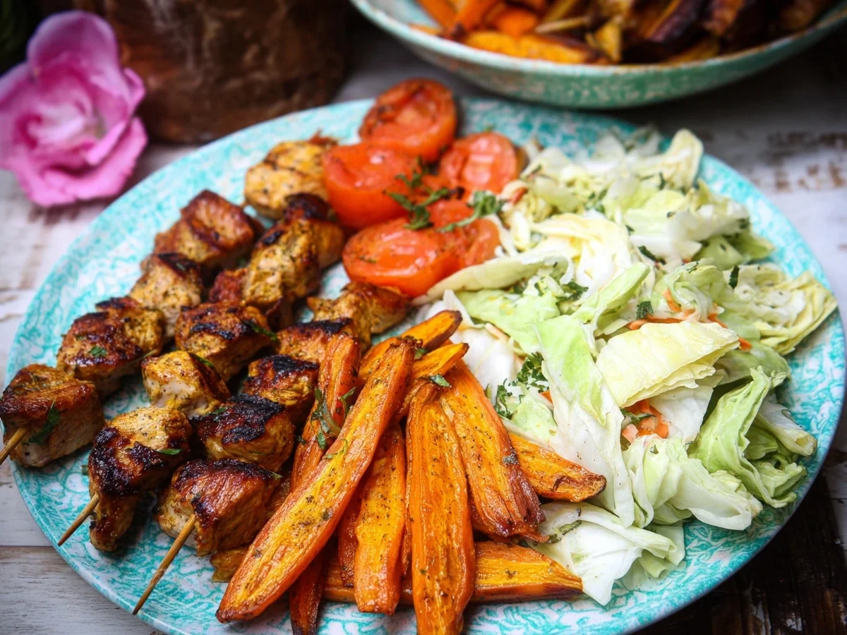 Puten-Souvlaki: Saftig mit Röstkarotten & Spitzkohlsalat - Bild 1