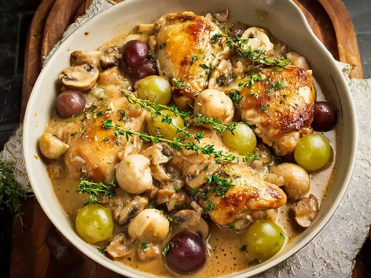 Saftiges Huhn mit Pilzen & Trauben in Hühnerbrühe-Sauce - Bild 1