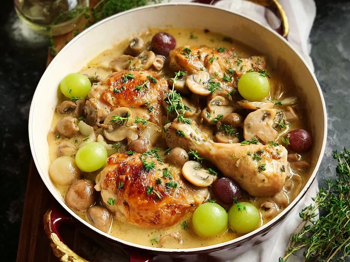 Saftiges Huhn mit Pilzen & Trauben in Hühnerbrühe-Sauce - Bild 2