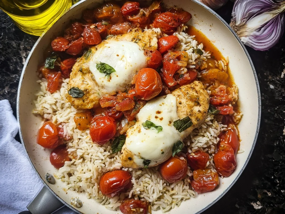 Schnelle Tomate Mozzarella Hähnchenpfanne mit Reis - Bild 1