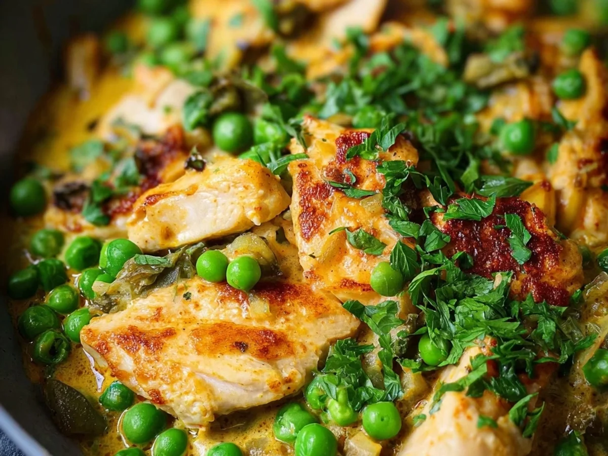 Schnelles Hähnchen mit Erbsen in Senf-Sahne-Sauce - Bild 1