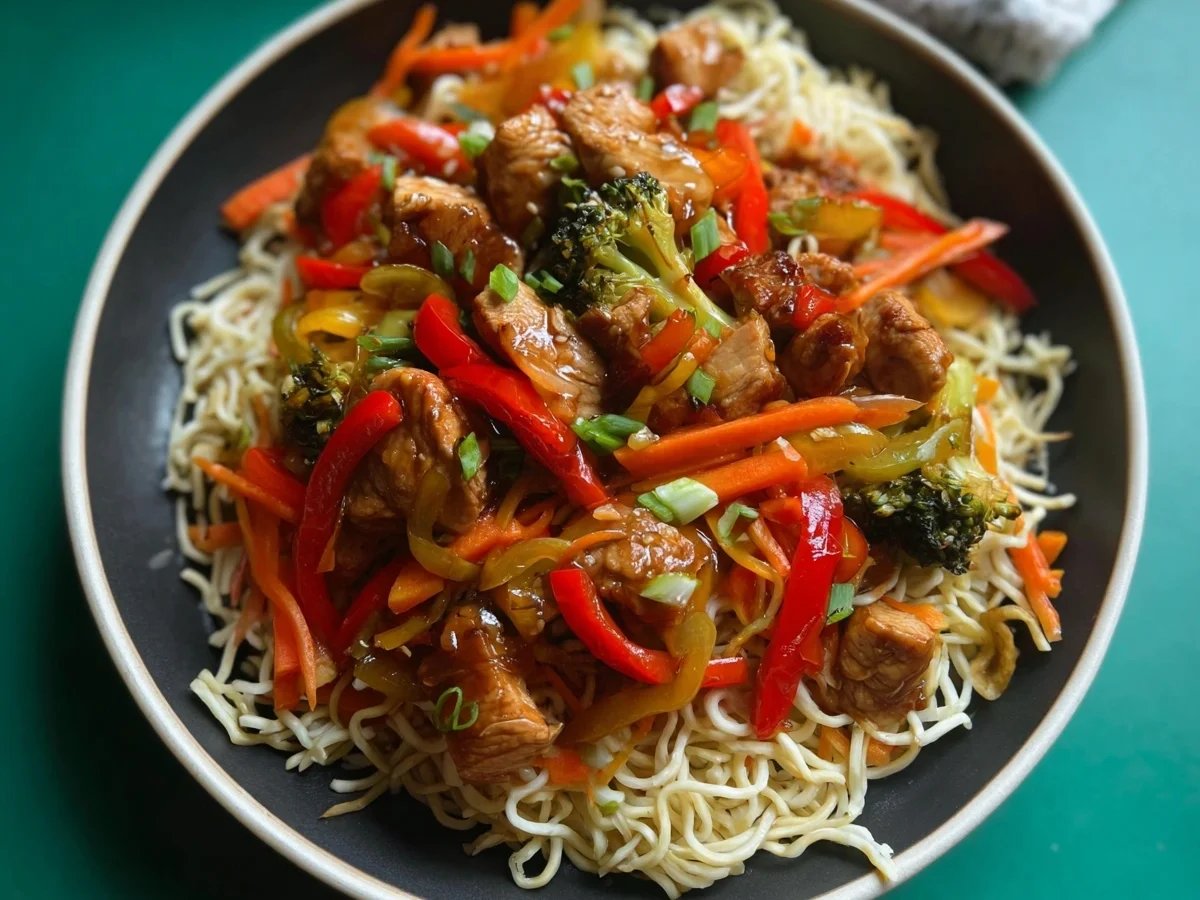 Asiatische Hähnchen-Gemüse-Pfanne mit Mie-Nudeln aus der Heißluftfritteuse - Beitragsbild