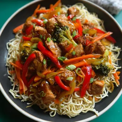 Asiatische Hähnchen-Gemüse-Pfanne mit Mie-Nudeln aus der Heißluftfritteuse