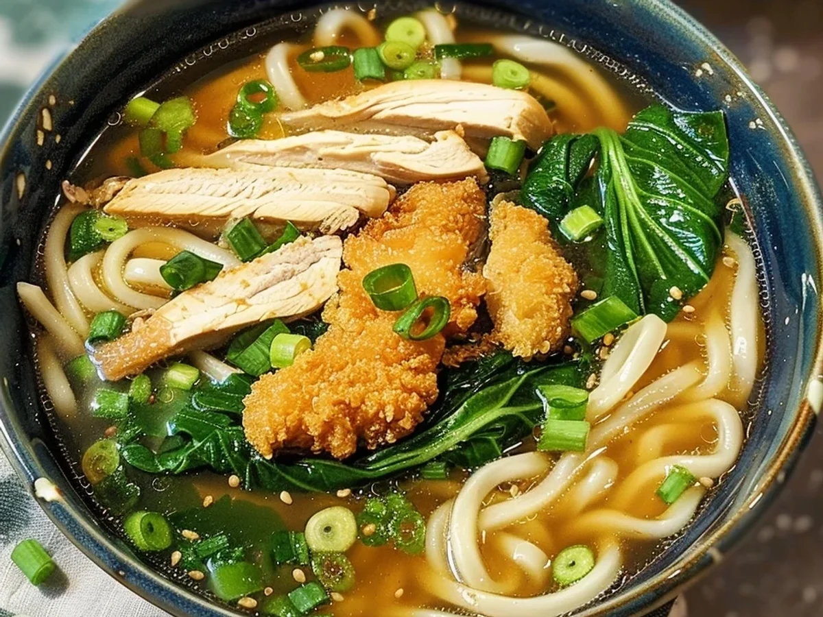 Asiatische Udon-Nudelsuppe mit krossem Hähnchen Rezept - Beitragsbild