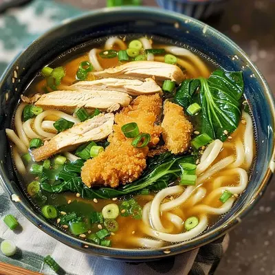 Asiatische Udon-Nudelsuppe mit krossem Hähnchen Rezept