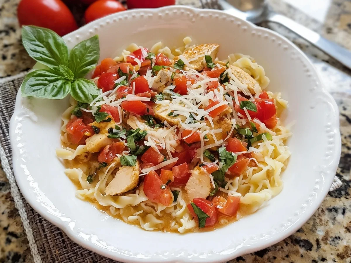 Bruschetta Pasta mit Hähnchenstreifen: Einfaches Rezept - Beitragsbild