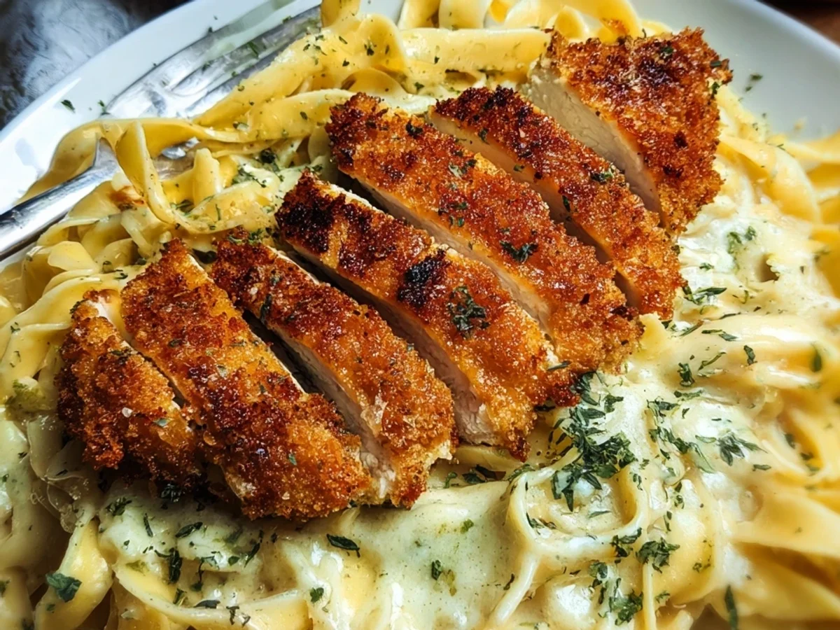 Cremige Alfredo Pasta mit Hähnchenschnitzel - Beitragsbild
