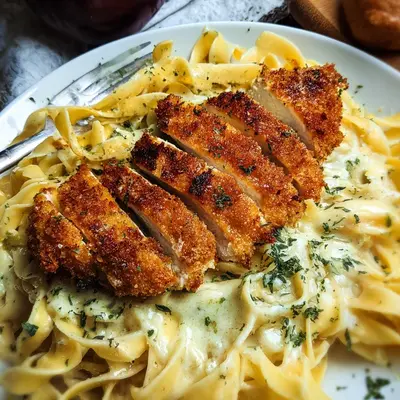 Cremige Alfredo Pasta mit Hähnchenschnitzel