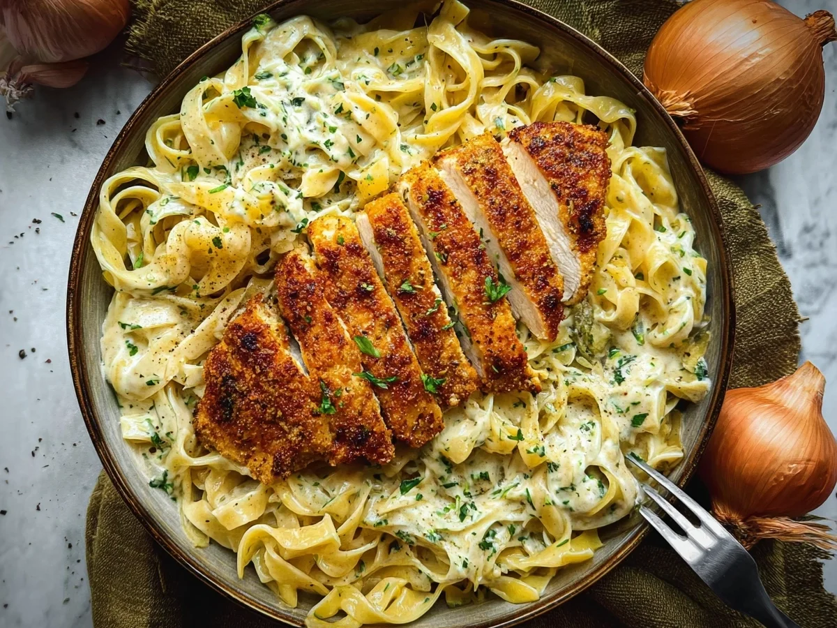 Cremige Alfredo Pasta mit knusprigem Hähnchenschnitzel - Beitragsbild