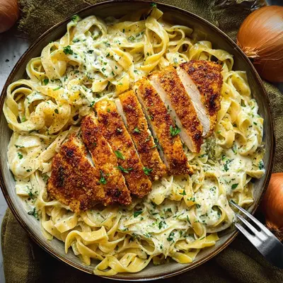 Cremige Alfredo Pasta mit knusprigem Hähnchenschnitzel