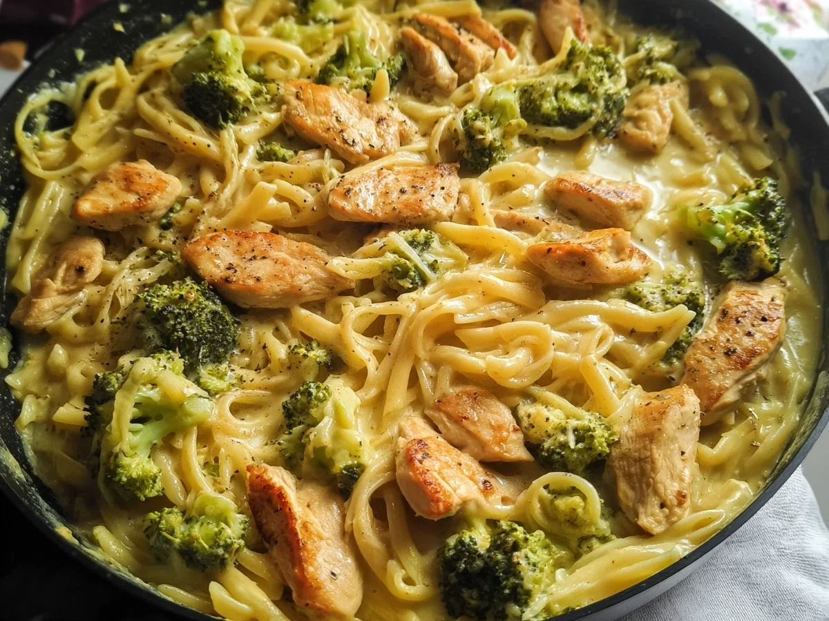 Cremige Brokkoli Cheddar Pasta mit Knoblauch Hähnchen - Beitragsbild