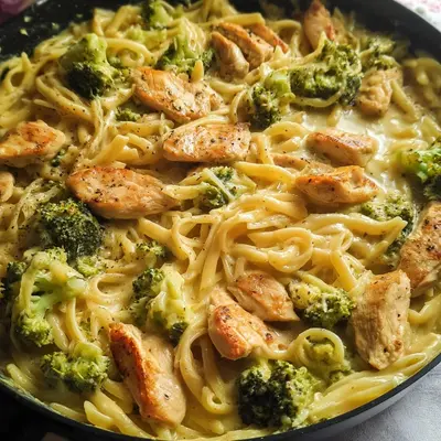 Cremige Brokkoli Cheddar Pasta mit Knoblauch Hähnchen