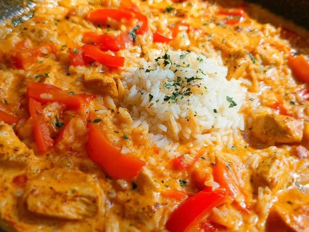 Cremige Paprika-Hähnchen-Pfanne mit Reis - Beitragsbild