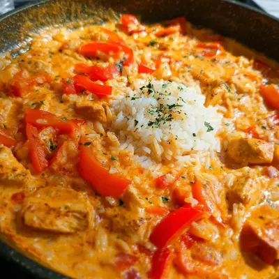Cremige Paprika-Hähnchen-Pfanne mit Reis