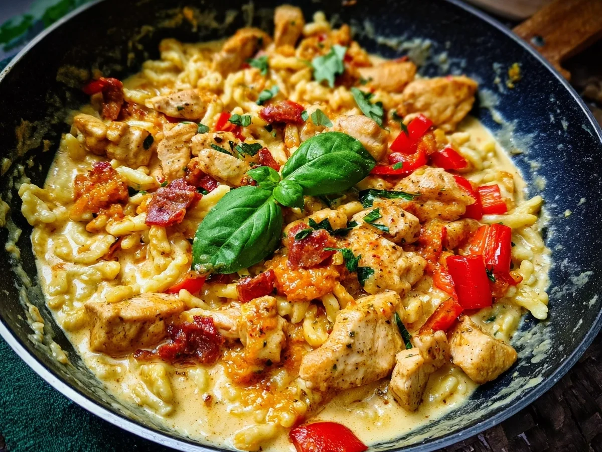 Cremige Spätzlepfanne mit Hähnchen & Ajvar - Beitragsbild