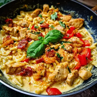 Cremige Spätzlepfanne mit Hähnchen & Ajvar
