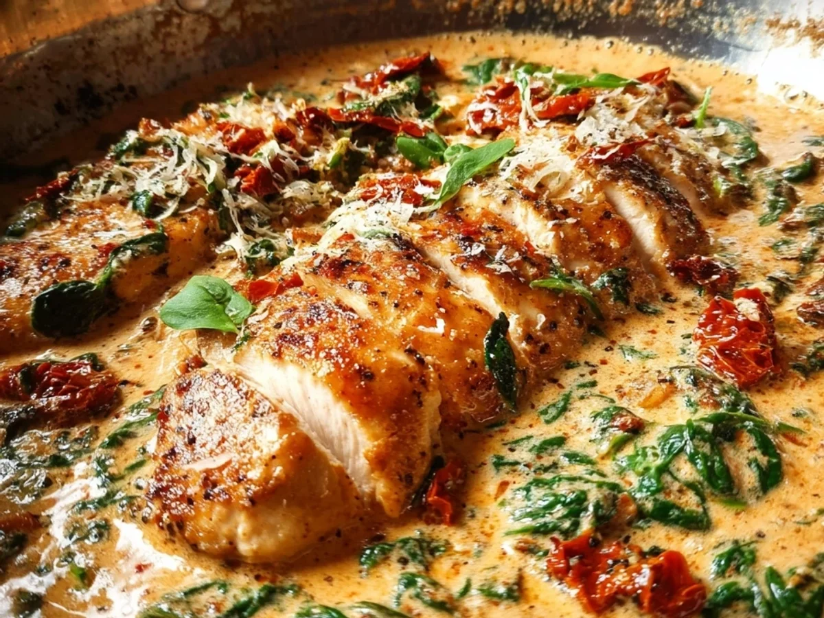 Cremige Toskanische Hähnchenpfanne mit Spinat schnell gemacht - Beitragsbild