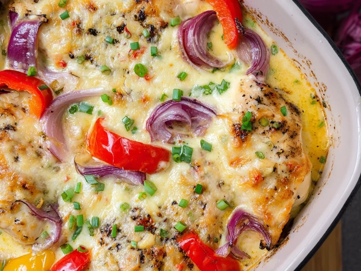 Cremiger Hähnchen-Auflauf mit Paprika & Schmand-Soße - Beitragsbild