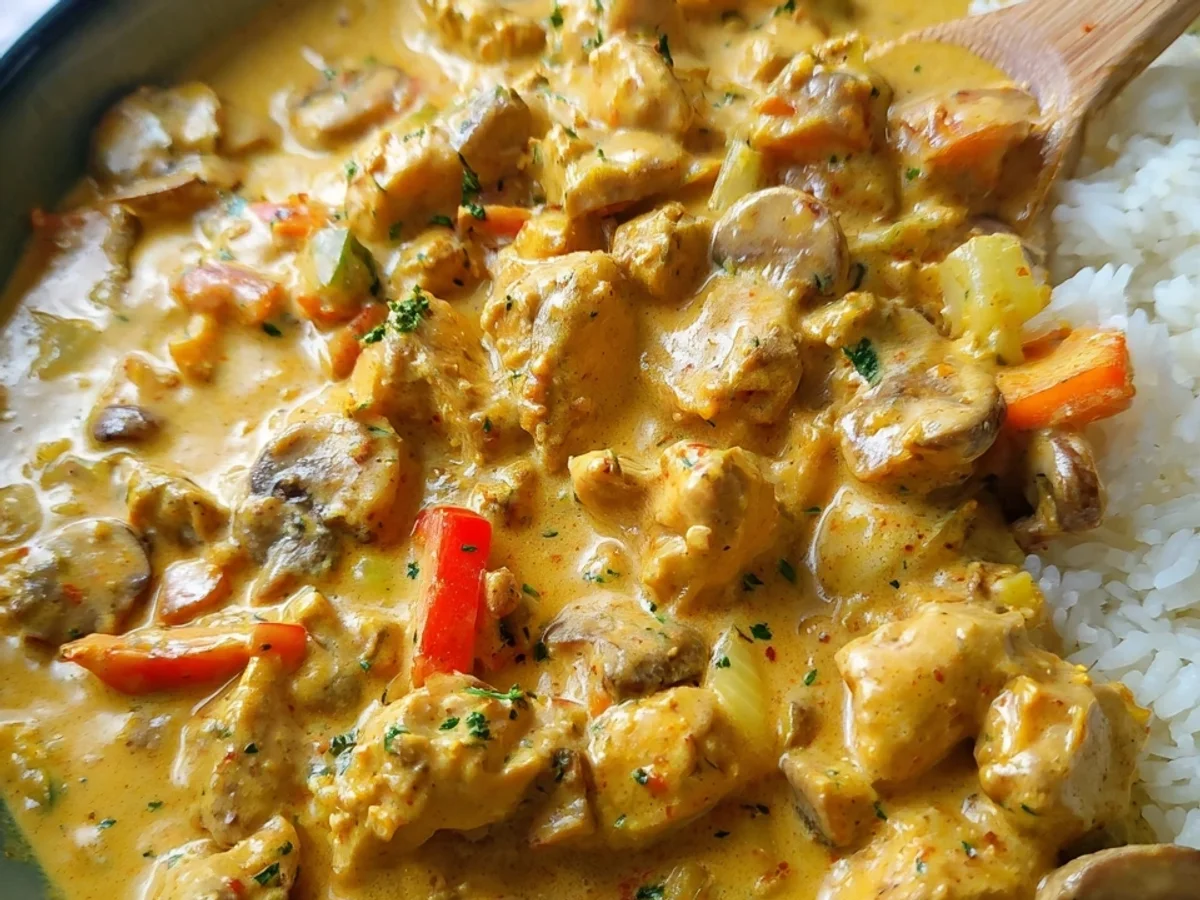 Cremiges Curry Geschnetzeltes mit Hähnchen & Reis - Beitragsbild