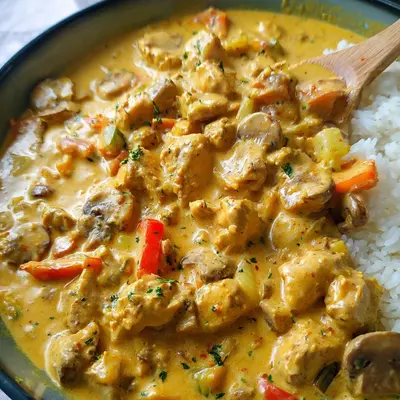 Cremiges Curry Geschnetzeltes mit Hähnchen & Reis