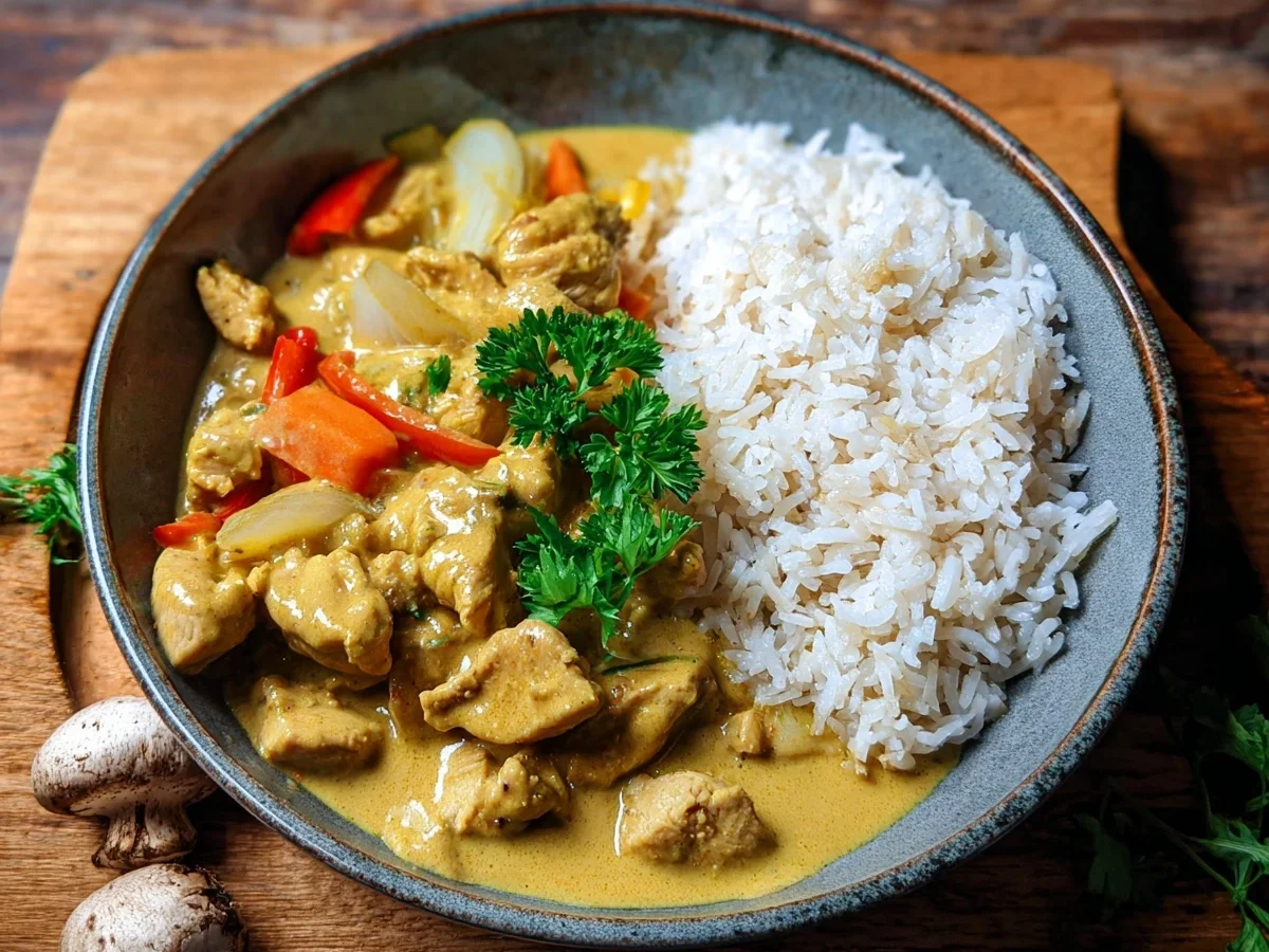 Cremiges Curry-Geschnetzeltes mit Reis - Beitragsbild