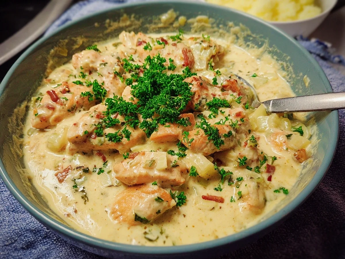 Cremiges Hähnchengeschnetzeltes mit Frischkäsesauce - Beitragsbild