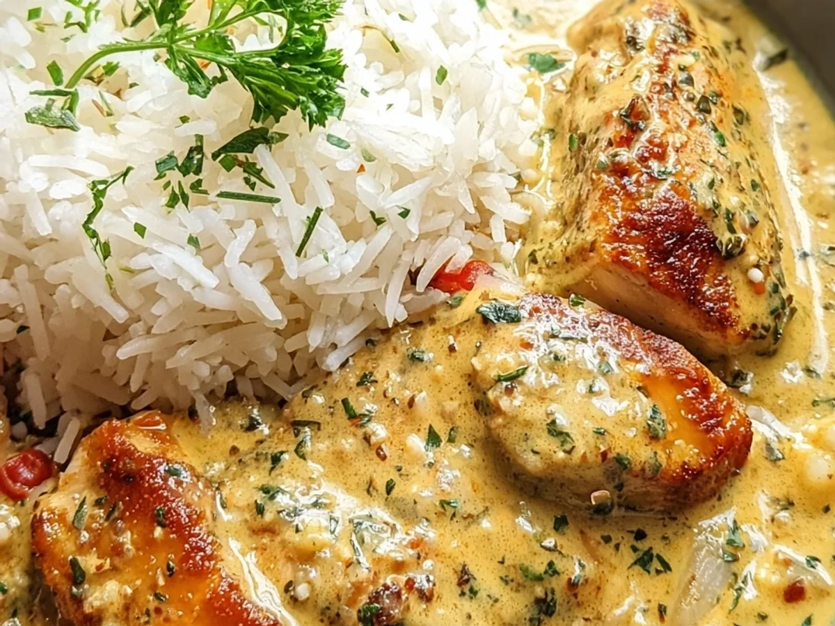 Cremiges Honig Senf Hähnchen mit Reis: Schnell & Lecker - Beitragsbild
