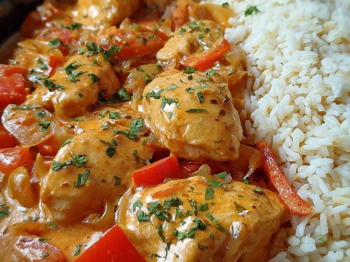 Cremiges Paprika Sahne Hähnchen mit Reis Fix gemacht - Beitragsbild
