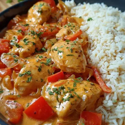 Cremiges Paprika Sahne Hähnchen mit Reis Fix gemacht