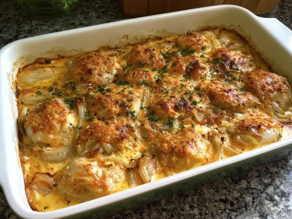 Cremiges Zwiebel-Sahne-Hähnchen aus dem Ofen - Beitragsbild