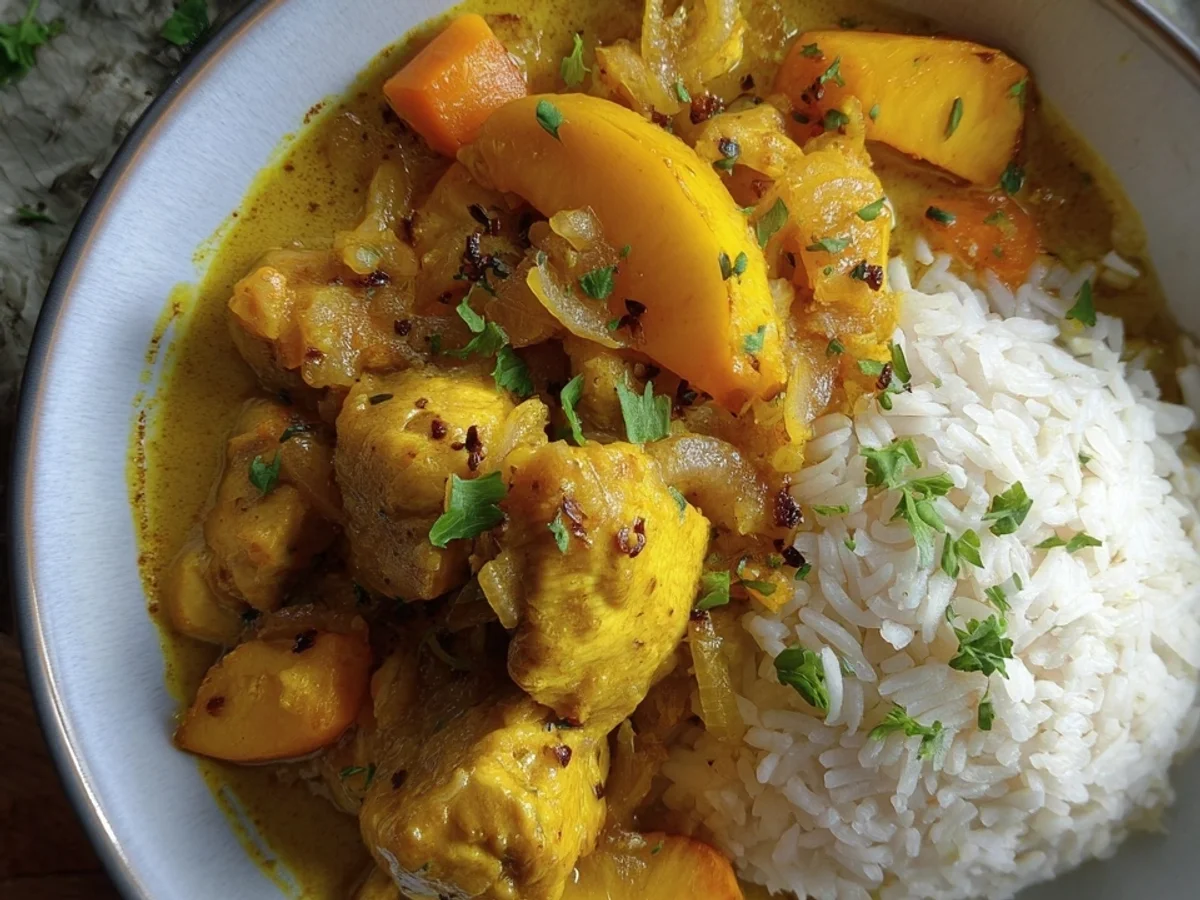 Fruchtiges Hähnchen Curry mit Pfirsich & Reis - Beitragsbild