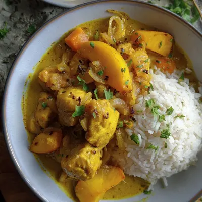 Fruchtiges Hähnchen Curry mit Pfirsich & Reis