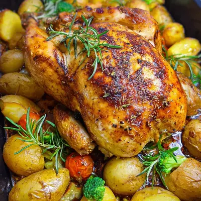 Ganzes Hähnchen aus dem Ofen mit Kartoffeln