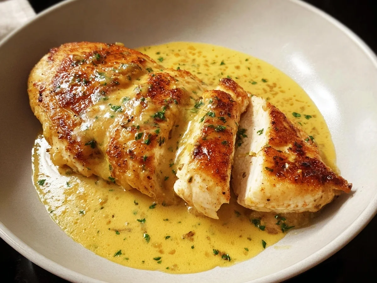 Gebratene Hähnchenbrust mit cremiger Senfsauce - Beitragsbild