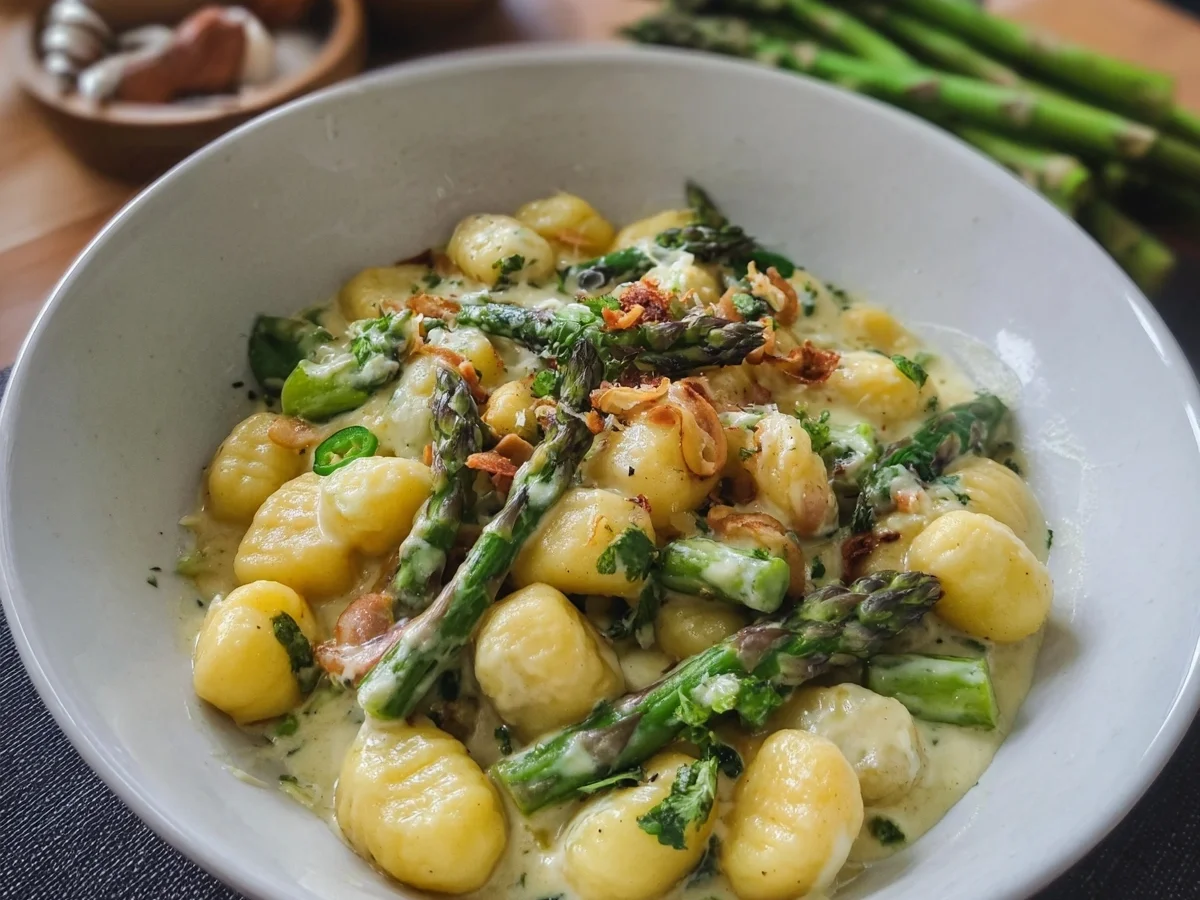 Gnocchi mit grünem Spargel in cremiger Rahmsauce - Beitragsbild