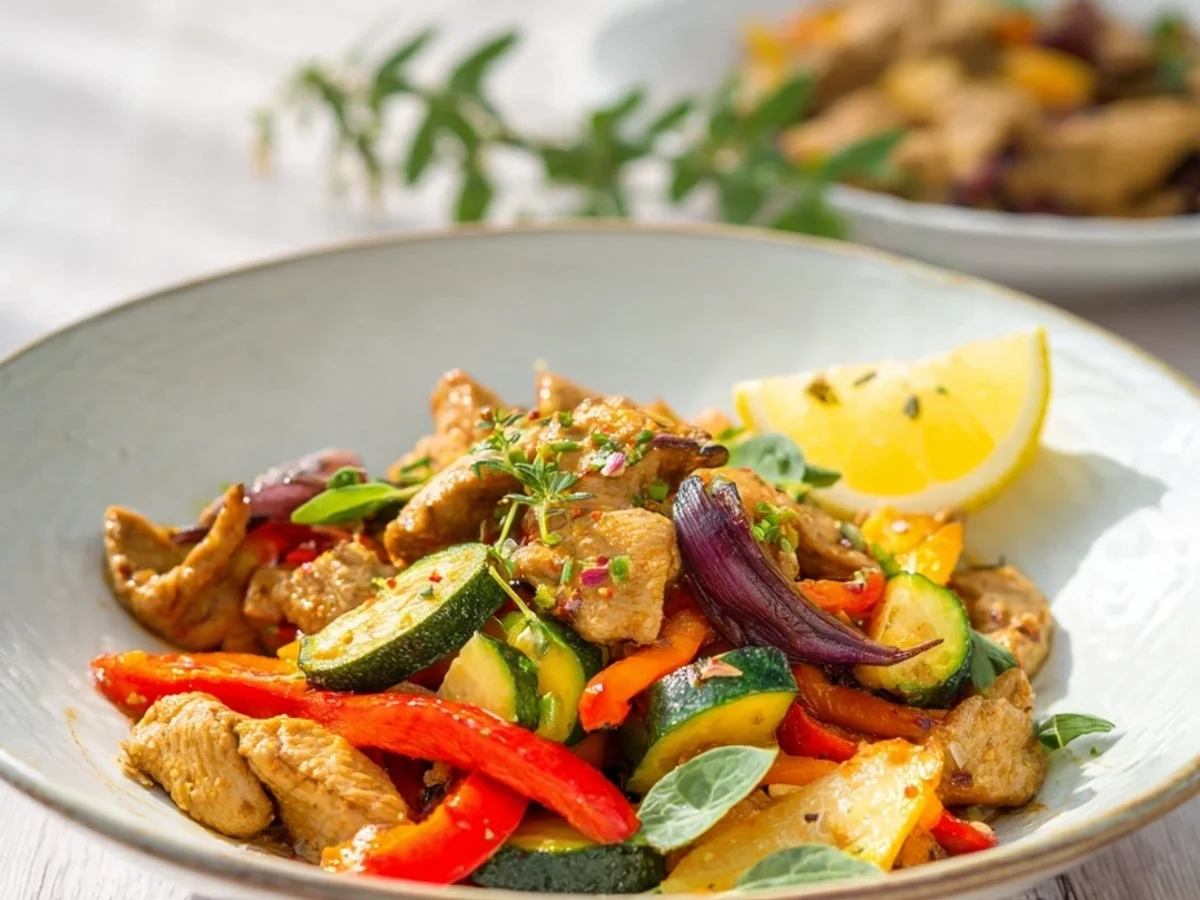 Gyros Geschnetzeltes Low Carb: Mediterranes Röstgemüse dazu - Beitragsbild